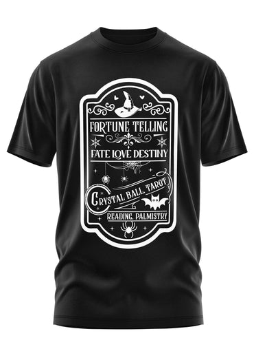 Schwarzes kurzarm-shirt mit weißem gothic horror grafikdesign mit fledermäusen spinnen und hexenhut bitte