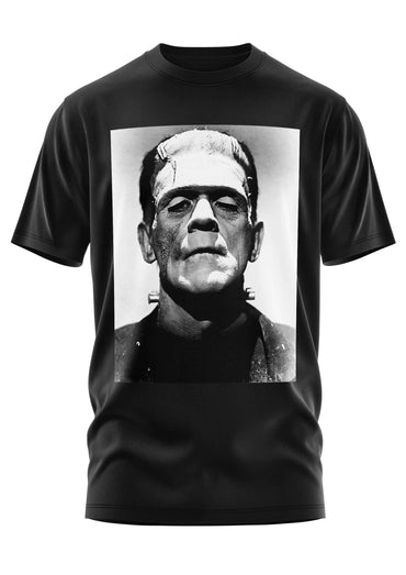 Schwarzes gothic t-shirt mit kurzem arm und schwarz-weißem frankenstein monster portrait print in bitte horror style