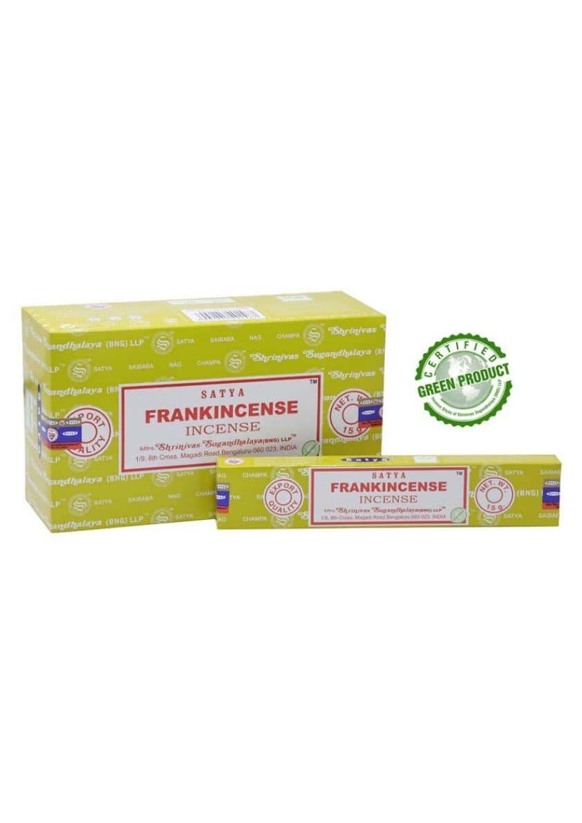 Ein rechteckiger satya räucherstäbchen frankincense karton in limettengrün mit weißer und roter schrift für gothic kleidung fans