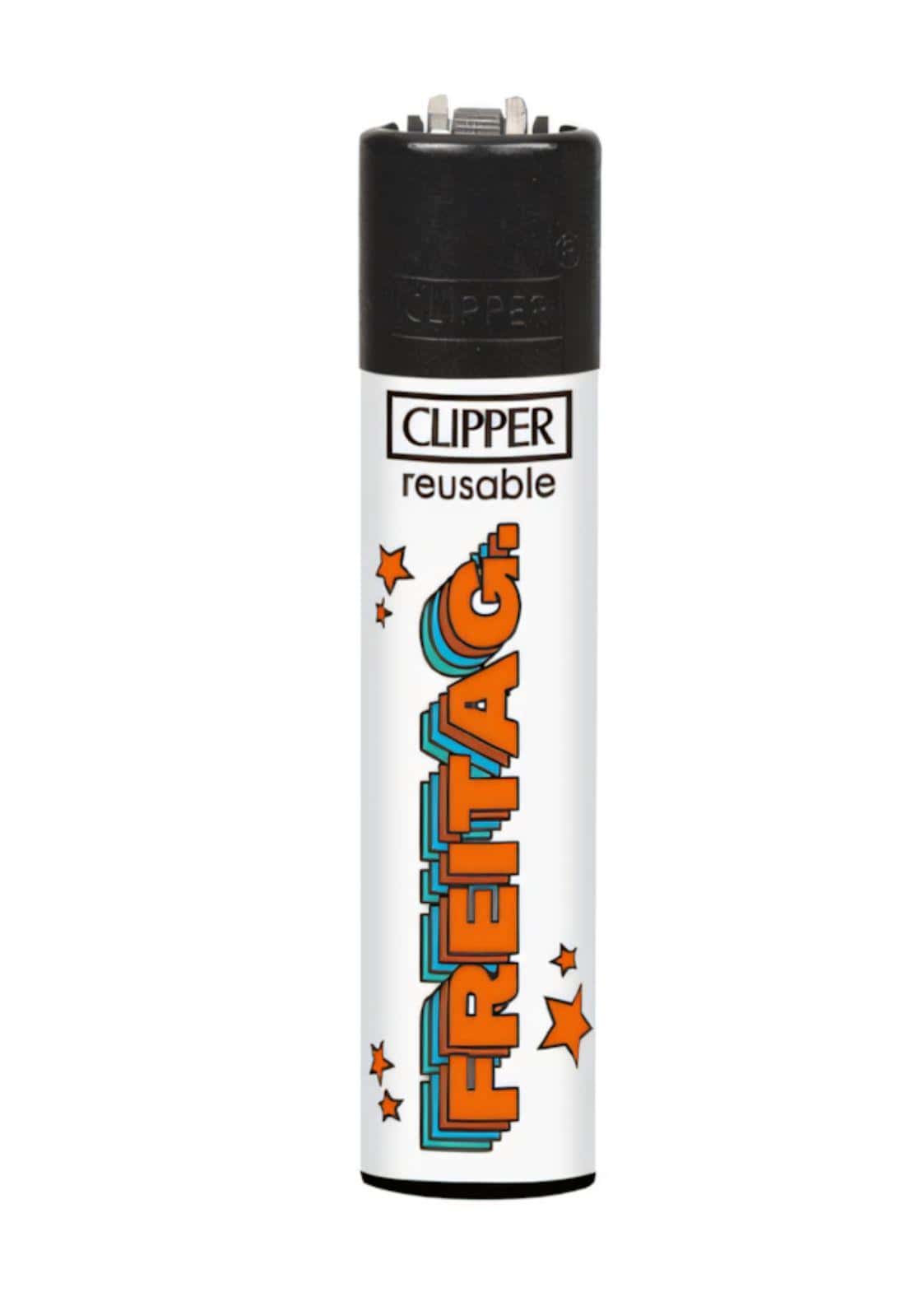 Weiß-orange wiederbefüllbares clipper feuerzeug von freitag mit schwarzem kopf passend zu gothic kleidung und horror style