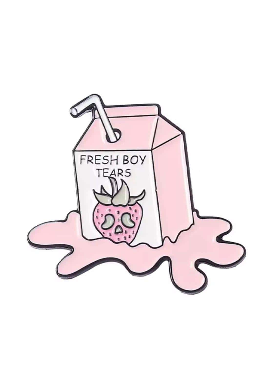 Pink enamel pin in formen einer erdbeer-milchkarton mit strohhalm und text fresh boy tears, gothic horror design