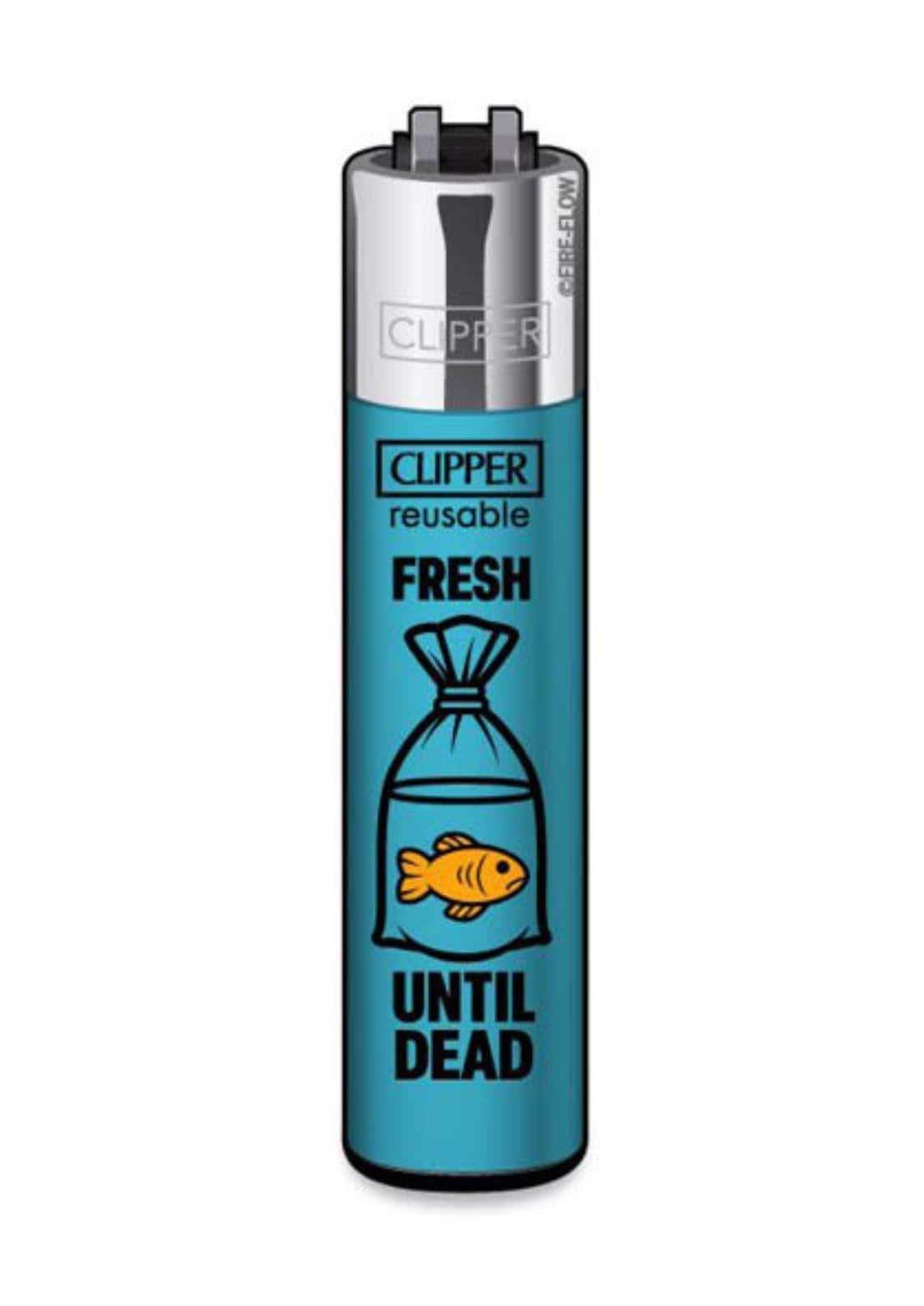 Tealfarbenes nachfüllbares clipper-feuerzeug mit soft-touch-oberfläche und cartoon-goldfisch fresh until dead design