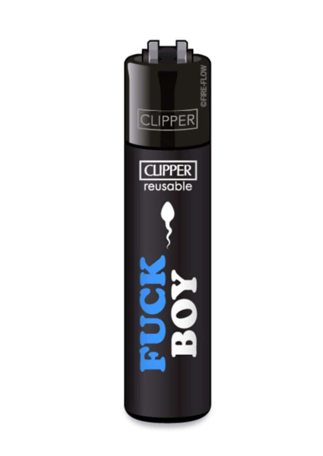 Schwarzes clipper feuzeug nachfüllbar mit fett blau weißem fuck boy schriftzug für individuellen stil