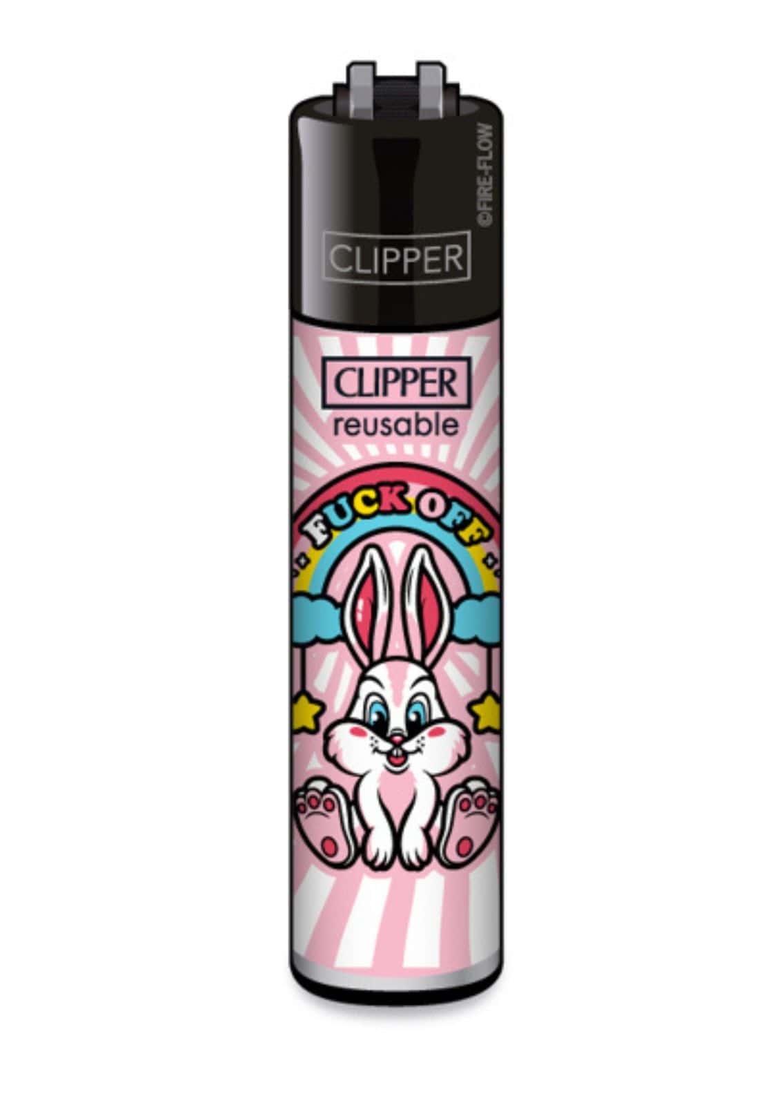 Pink und weißer cartoon-hasen clipper feuerzeug nachfüllbar mit regenbogen sternen und dem schriftzug fuck off für den alltag