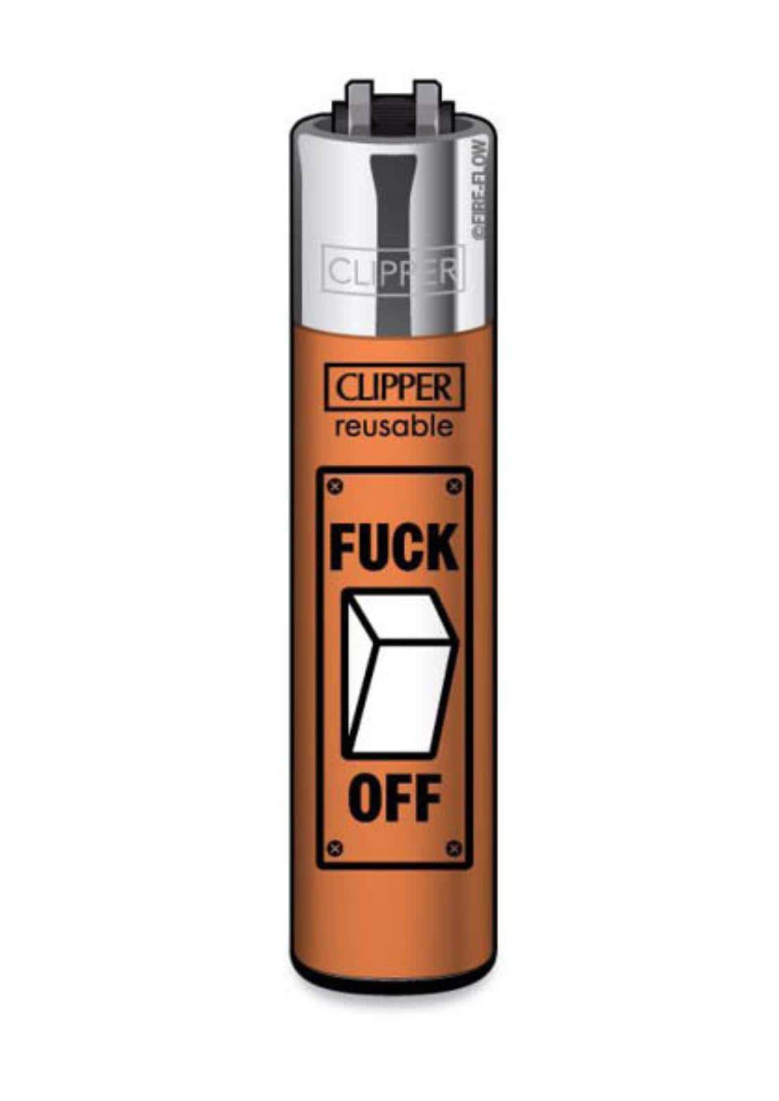 Orange nachfüllbares clipper-feuerzeug mit soft-touch-oberfläche und schwarzem fuck off switch grafik