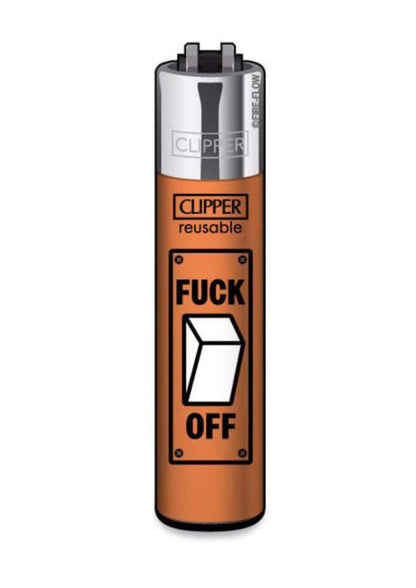 Orange nachfüllbares clipper-feuerzeug mit soft-touch-oberfläche und schwarzem fuck off switch grafik