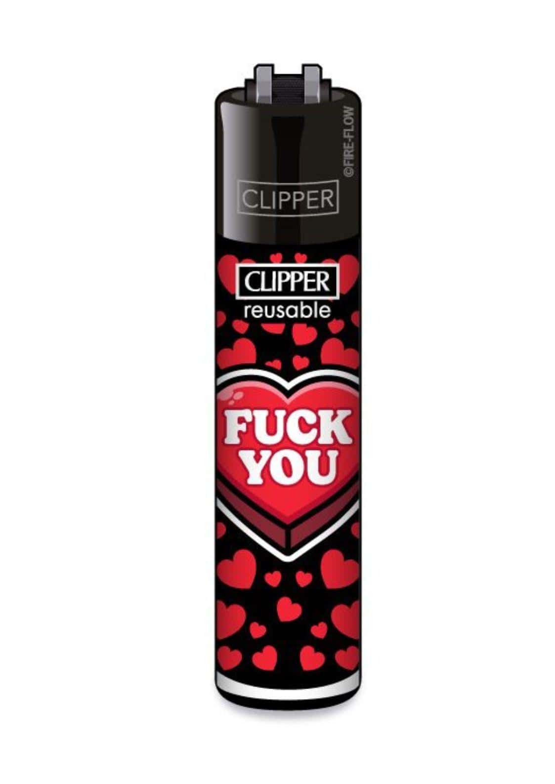Schwarzes clipper feuerzeug nachfüllbar mit rotem herz und weißem fuck you text für gleichmäßige flamme