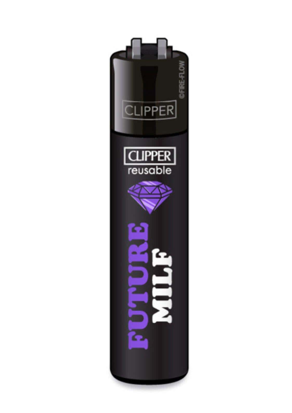 Schwarzes clipper feuerzeug mit nachfüllfunktion und lila future milf schriftzug für deinen stylischen auftritt