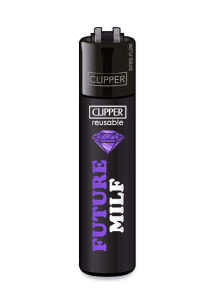 Schwarzes clipper feuerzeug mit nachfüllfunktion und lila future milf schriftzug für deinen stylischen auftritt