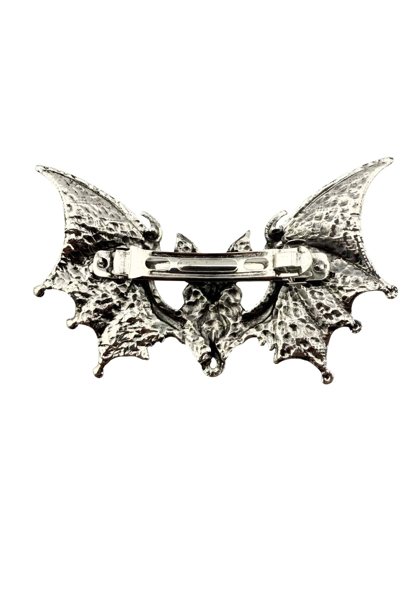 Silberfarbene gargoyle bat haarklammer in form einer fledermaus mit strukturierten flügeln und dekorativem zentrum
