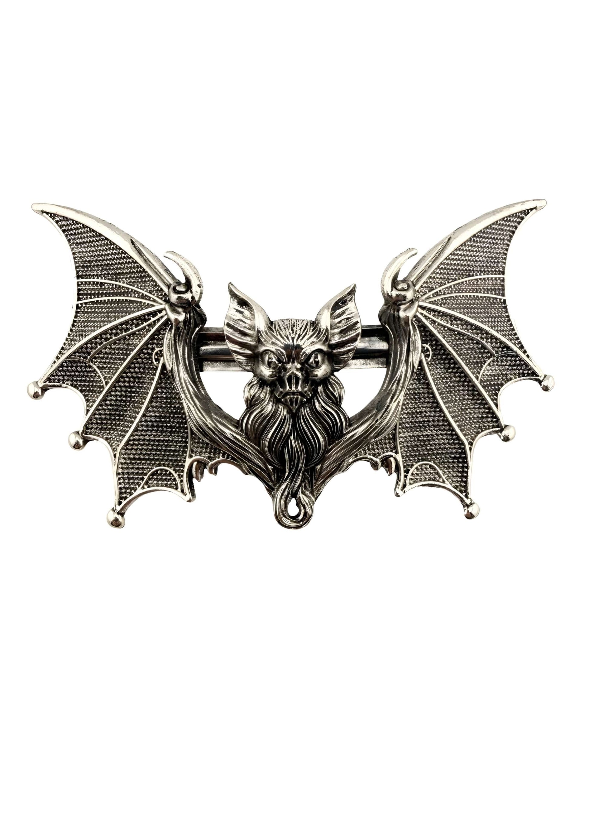 Silberner Gargoyle Bat Haarspange mit gotischen Flügeln und Bartgesicht