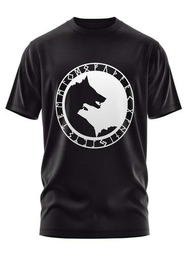 Schwarzes gothic shirt mit weißen wolfssilhouetten und runen im kreis design bei geri und freki wotan