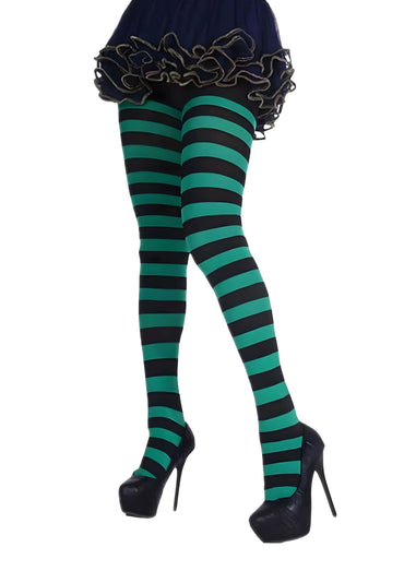 Gestreifte strumpfhose schwarz grün mit elastischem nylon in teal und schwarz und rüschensaum gothic strumpfhose