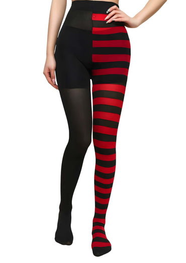 Gestreifte strumpfhose mit split leg design schwarz und rot für einen auffälligen gothic look mit transparentem einsatz