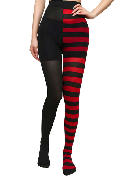Gestreifte Strumpfhose Split Leg schwarz rot mit schwarzem Schlauchbeinpanel