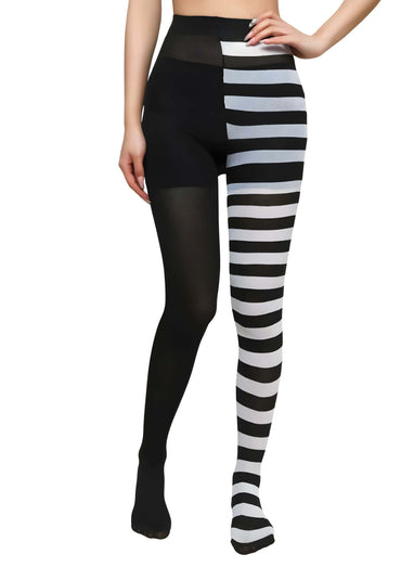 Gestreifte strumpfhose split leg schwarz weiß mit durchsichtigem hohem bund gothic strumpfhose