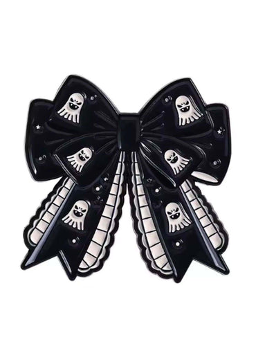 Schwarze haarschleife mit weißem ghost und sternmuster gothic horror billy face design ghost ribbon pin