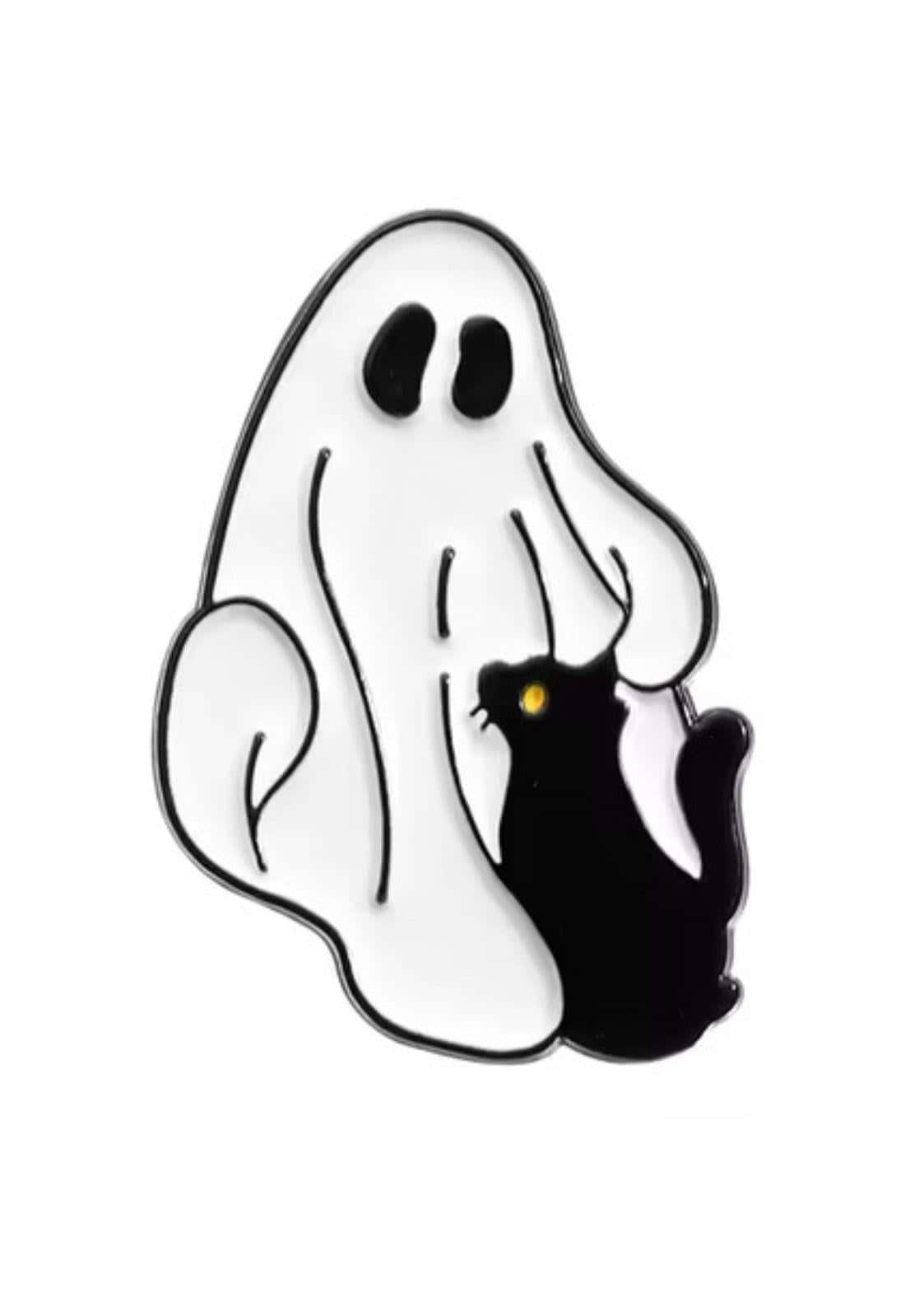 Weißer ghost mit katze enamel pin mit schwarzen konturen hält schwarze katze mit leuchtend gelben augen gothic kleidung