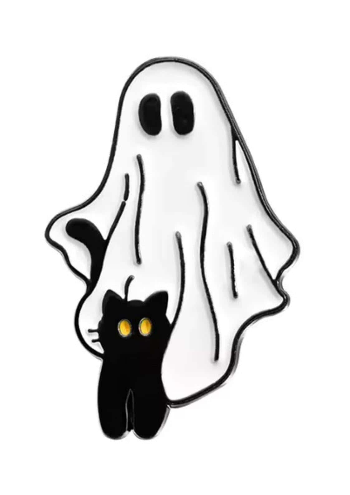 Weißes ghost- und schwarzer katzen emaille pin mit gelben augen für gothic horror und dunkle mode