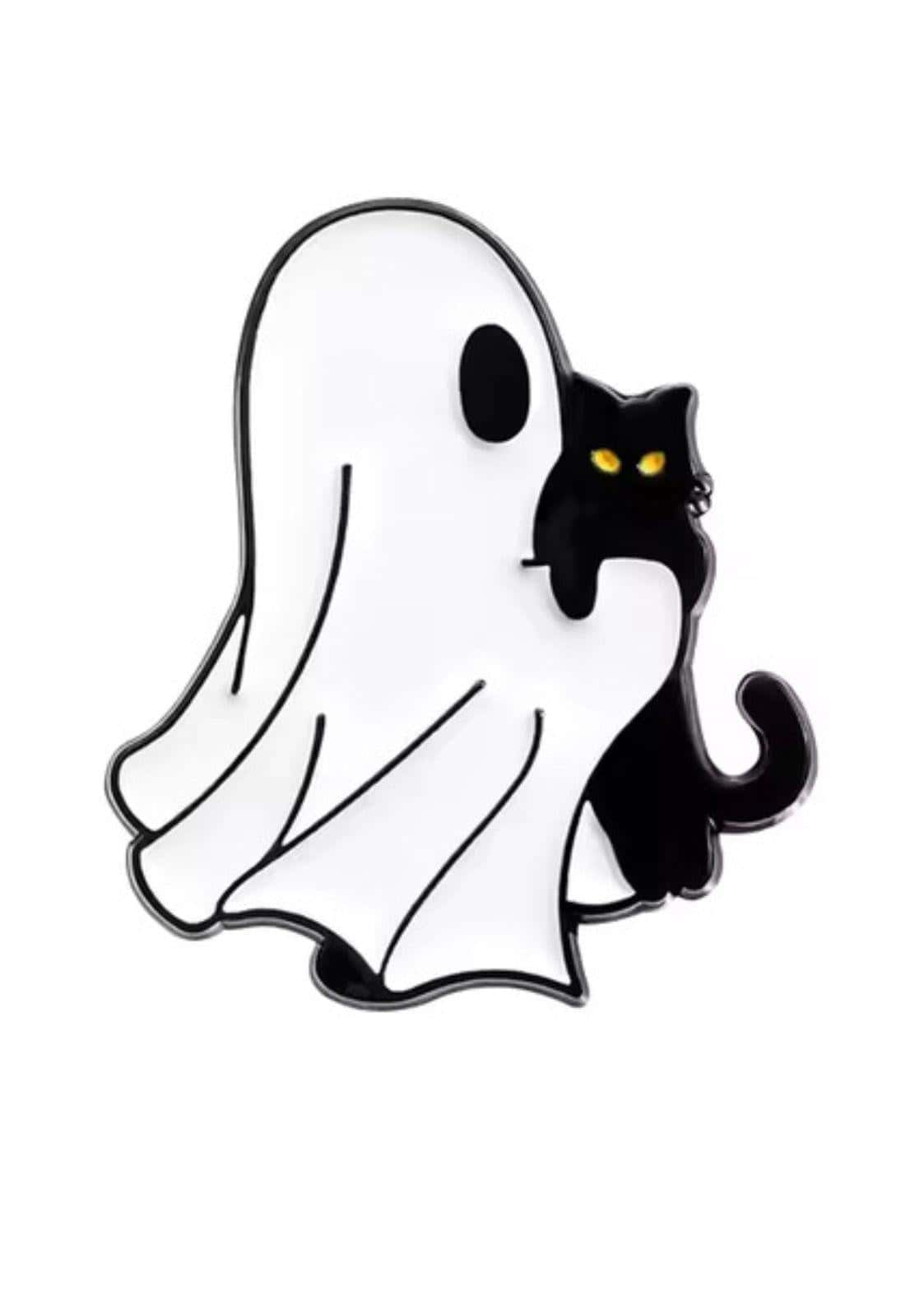 Weißer ghost mit katze 3 enamel pin mit schwarzer katze auf der schulter, gelben augen, silberumrandung für gothic fashion