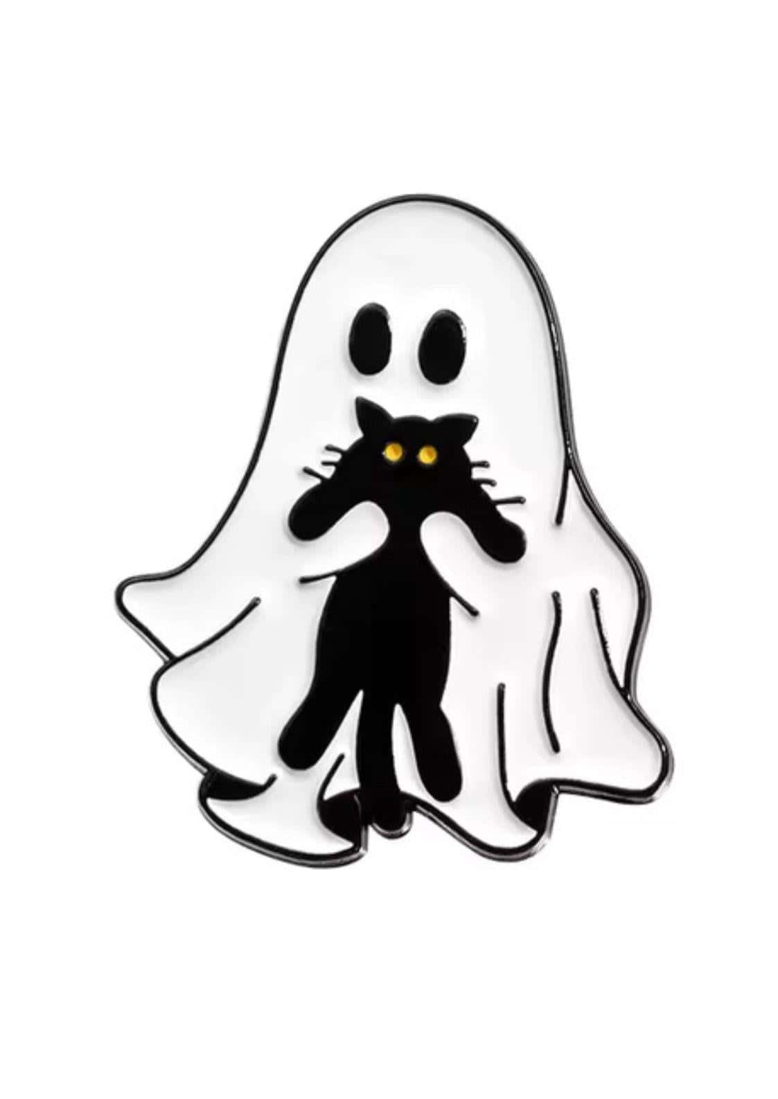 Weißer gespensterförmiger emaille-pin mit schwarzer katze und goldfarbenen augen, silberumrandet für gothic und dark fashion