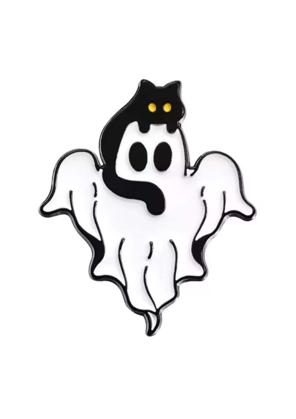 Weißer gespenstförmiger emaille-pin mit schwarzer katze und leuchtend gelben augen für gothic dark fashion und horror