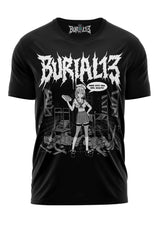 Schwarzes T-Shirt mit weißem Grafikdesign, das eine Figur zeigt, die Essen hält, Text ’burialis’ in fetter Schrift.
