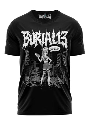 Schwarzes T-Shirt mit weißem Grafikdesign, das eine Figur zeigt, die Essen hält, Text ’burialis’ in fetter Schrift.