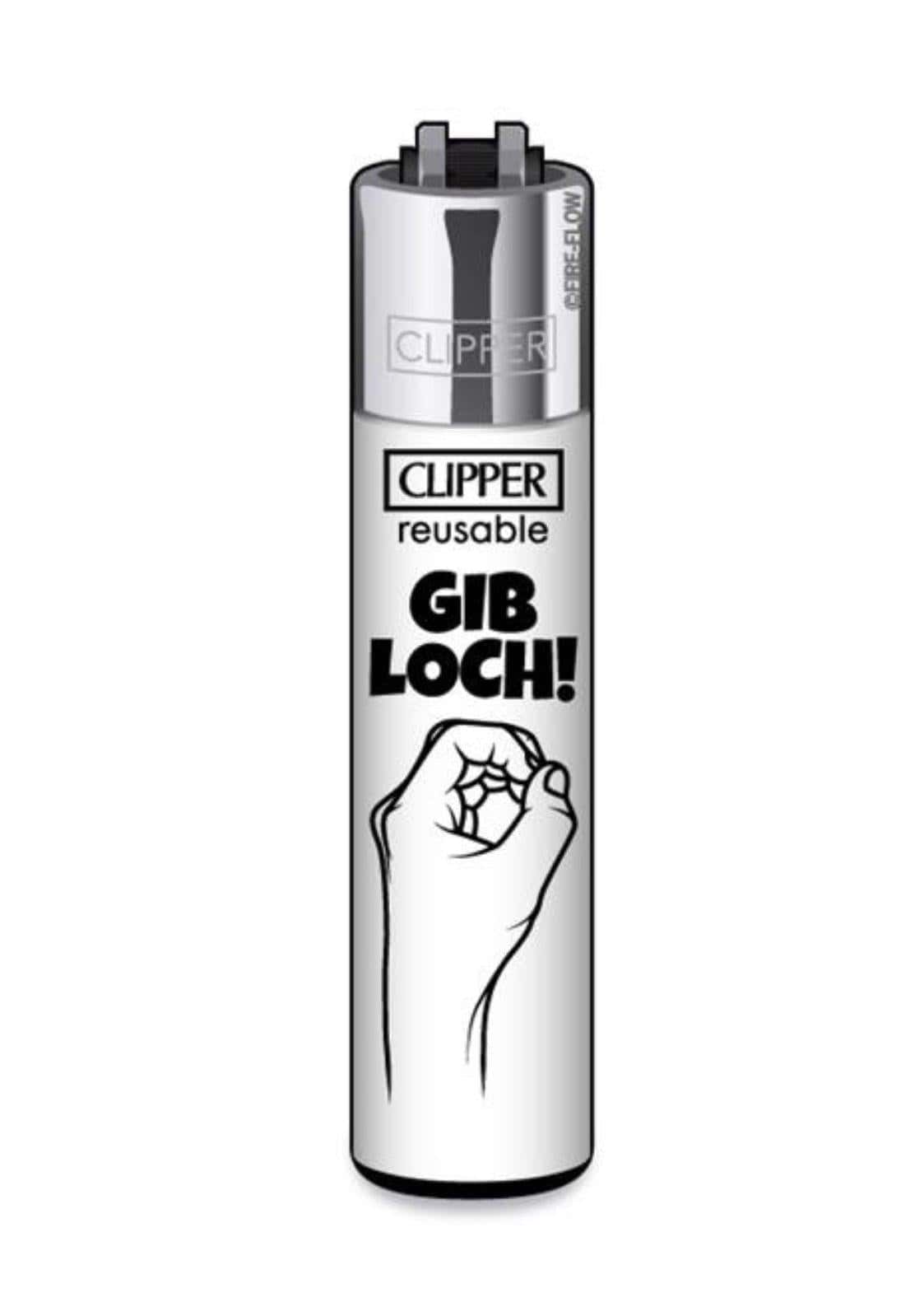 Silbernes refillbares clipper feuerzeug mit schwarzem fist design und text gib loch eier am strand thema