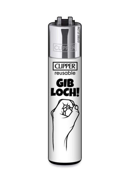 Silbernes refillbares clipper feuerzeug mit schwarzem fist design und text gib loch eier am strand thema