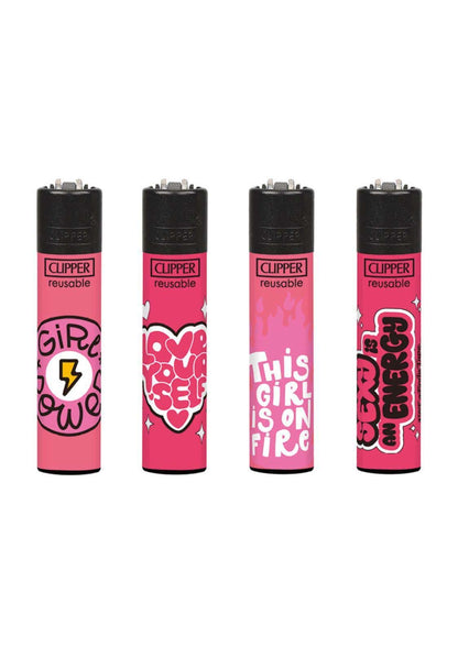 Pink clipper feuerzeug nachfüllbar mit schwarzen kapseln und farbenfrohen girl power designs im gothic horror stil