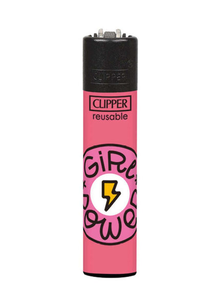 Pink clipper feuerzeug mit girl power design und gelbem blitz ideal für gothic und horror kleidung fans