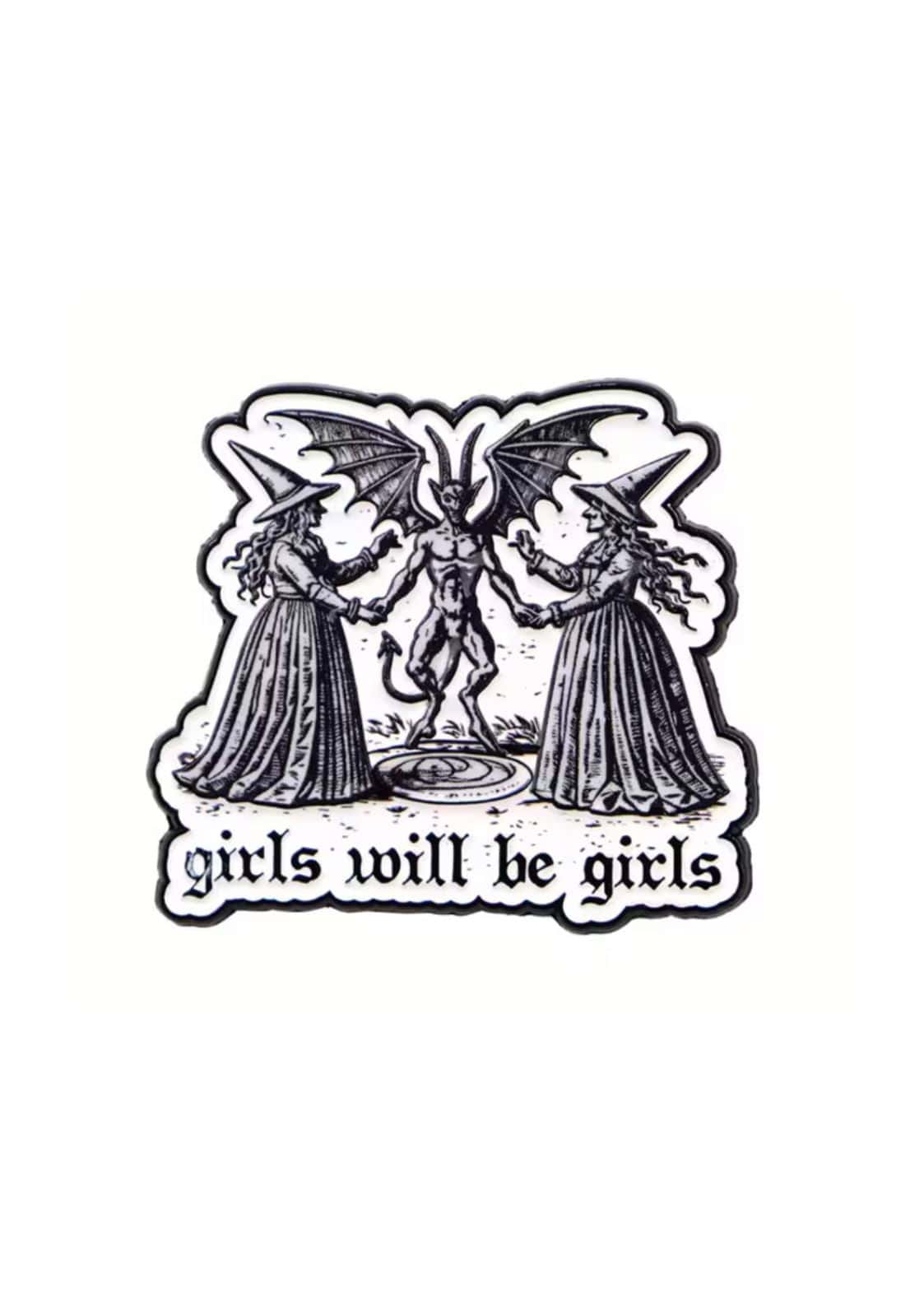 Schwarz-weißer Aufkleber, der zwei Hexen zeigt, die sich mit einem gehörnten, geflügelten Dämon an den Händen halten.