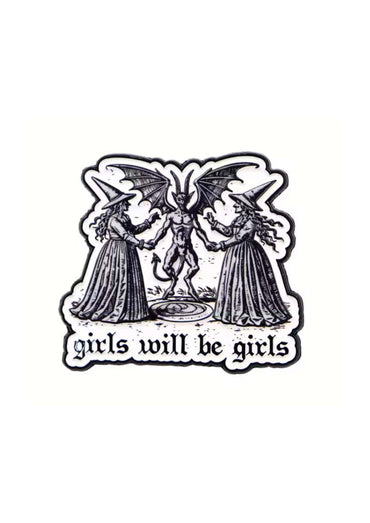 Schwarzweiß sticker mit zwei hexen und einem gehörnten, geflügelten dämon girls will be girls pin halloween michael myers thema