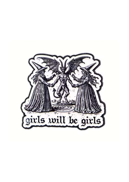 Schwarz-weißer Aufkleber, der zwei Hexen zeigt, die sich mit einem gehörnten, geflügelten Dämon an den Händen halten.