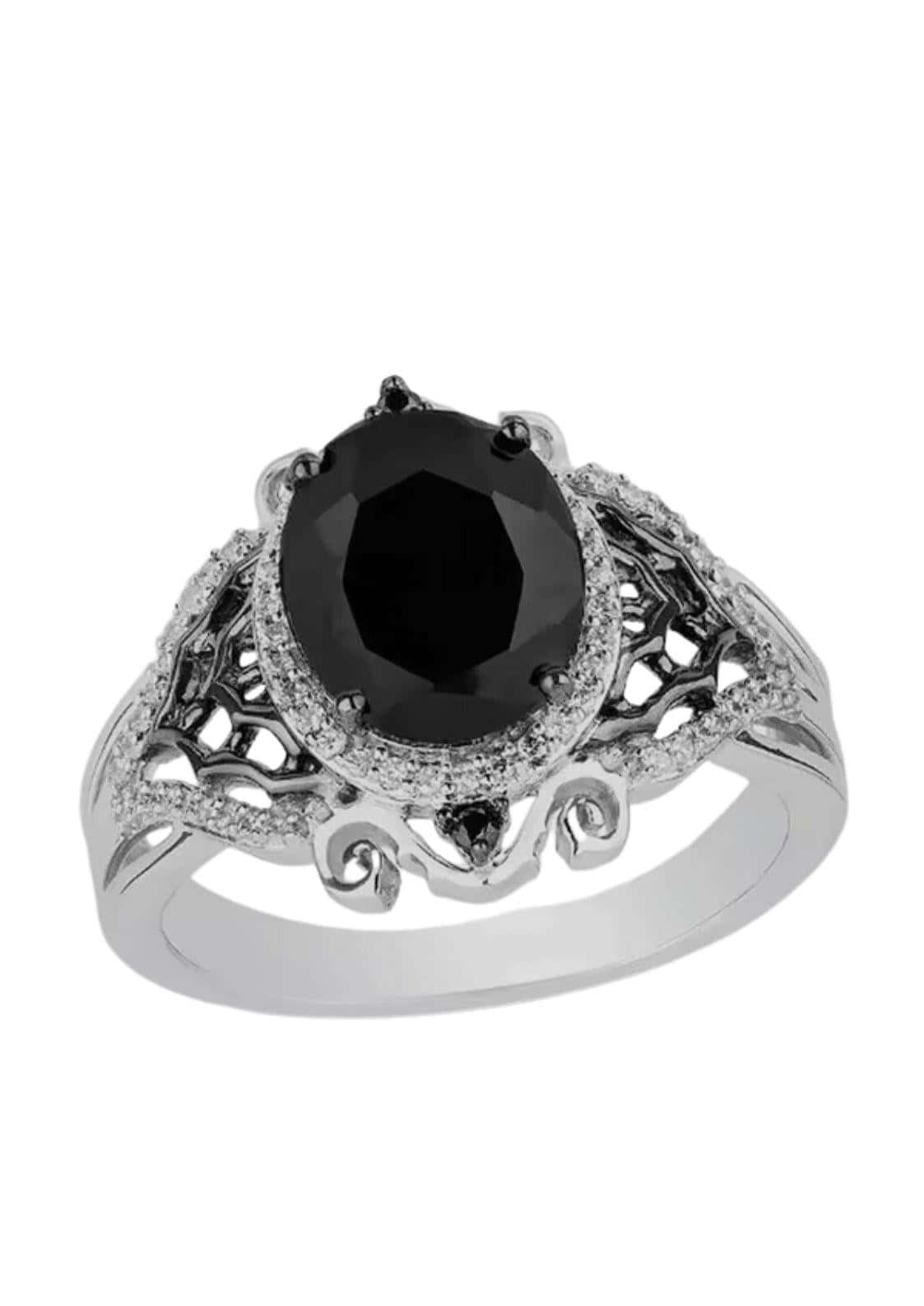 Silberner glitter gothic ring mit ovalem schwarzem diamant und filigranem klaren diamanten für markanten glanz