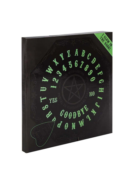 Schwarze rechteckige glow in the dark ouija board spirit board mit grün leuchtendem pentagramm und buchstaben in kreisform