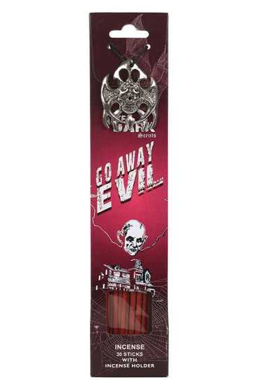 Silberner schädel- und fledermausförmiger räucherstäbchenhalter mit dunkler roter verpackung go away evil von dark scents