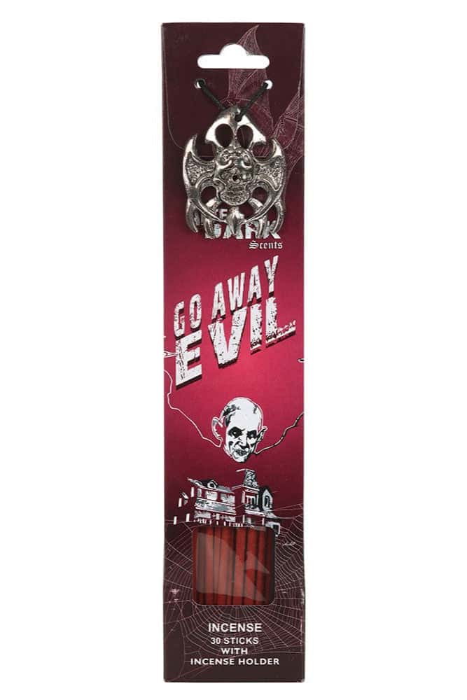Silberner schädel- und fledermausförmiger räucherstäbchenhalter mit dunkler roter verpackung go away evil von dark scents