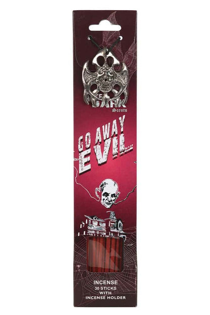 Silberner schädel- und fledermausförmiger räucherstäbchenhalter mit dunkler roter verpackung go away evil von dark scents
