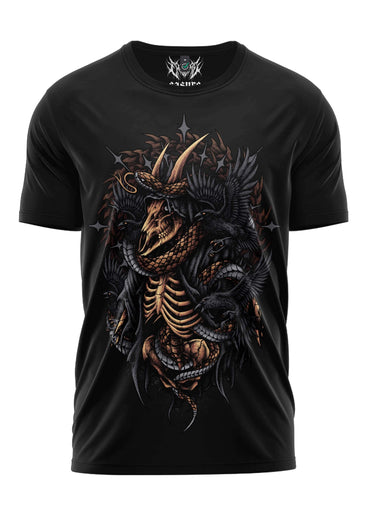Schweres unisex t-shirt goat raven in schwarz mit detailliertem skelettdrachen auf strapazierfähigem stoff und weicher qualität