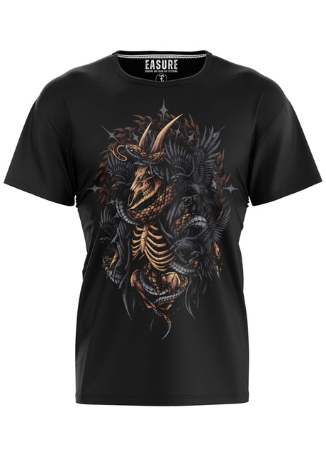 Schwarzes T-Shirt mit Skelett- und Schlangengrafik.