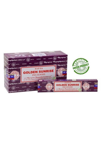 Golden sunrise satya räucherstäbchen in lila und weißer verpackung ideal für gothic und dark fashion atmosphäre