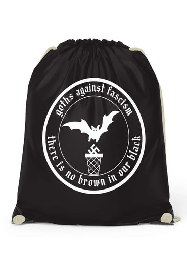 Schwarzer goth gegen turnbeutel mit weißen bat- und basketball-hoop grafik und goth against fascism text