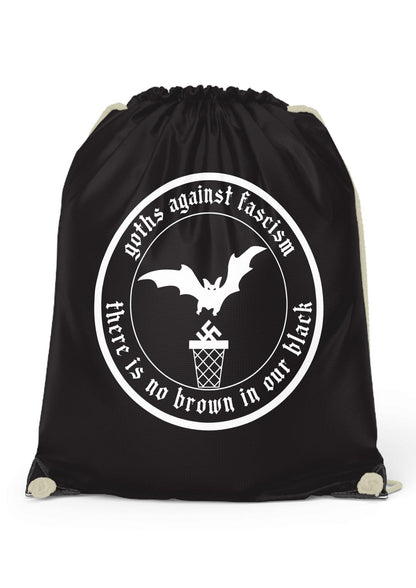 Schwarze Gym Bag mit Fledermaus-Basketball-Grafik und Goths Against Fascism