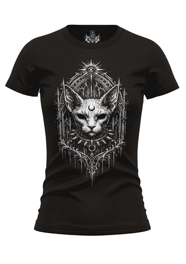 Schwarzes damen fitted t-shirt mit weißem gothic sphynx katzenmotiv und mystischen symbolen gore kleidung