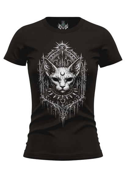 Schwarzes damen fitted t-shirt mit weißem gothic sphynx katzenmotiv und mystischen symbolen gore kleidung
