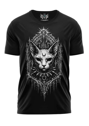 Schwarzes gothic shirt mit weißem gothic sphynx katzenmotiv im dark art stil