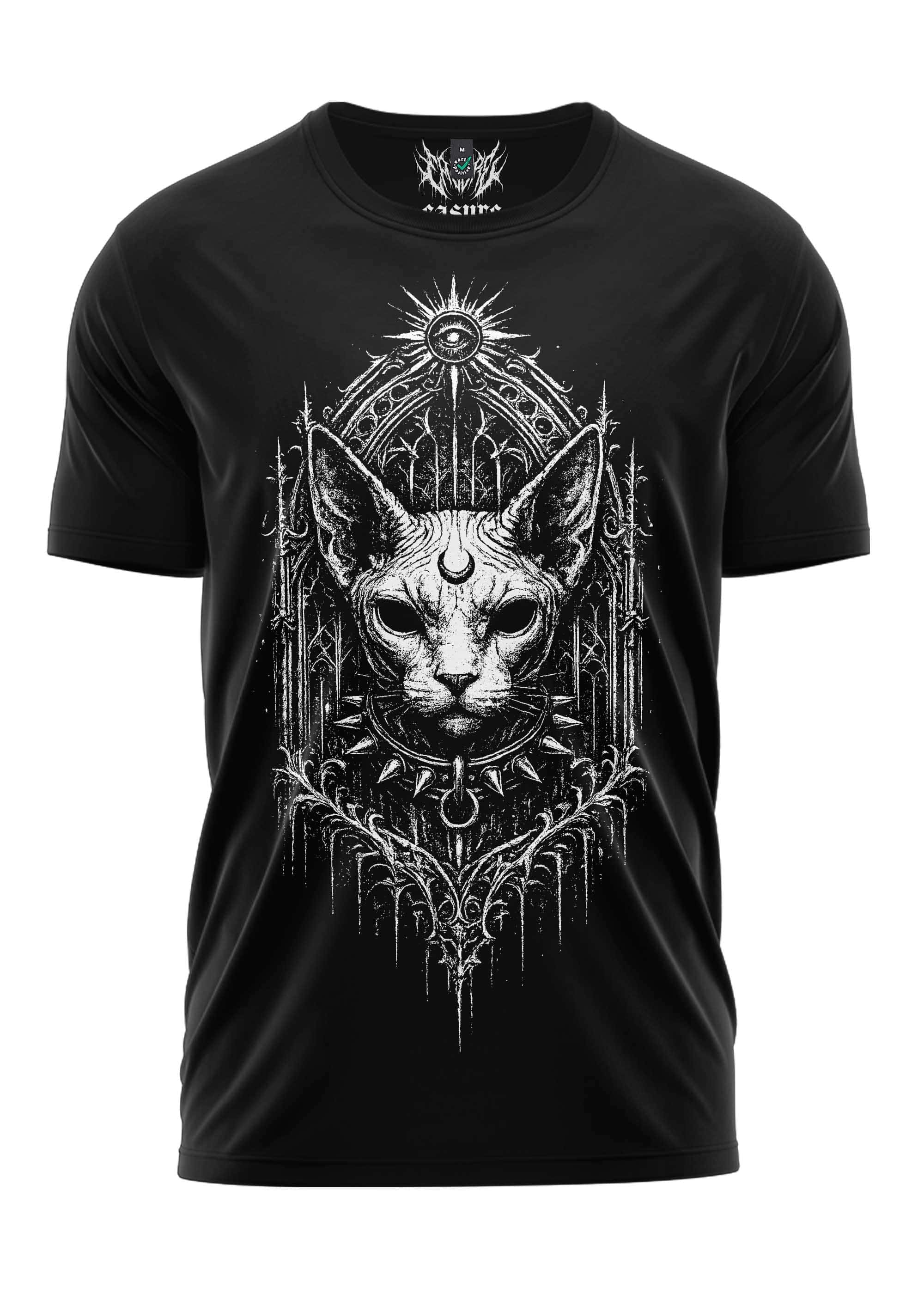 Schwarzes gothic shirt mit weißem gothic sphynx katzenmotiv und spitzem kragen im dark art stil
