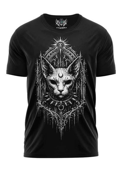 Schwarzes gothic shirt mit weißem gothic sphynx katzenmotiv und spitzem kragen im dark art stil